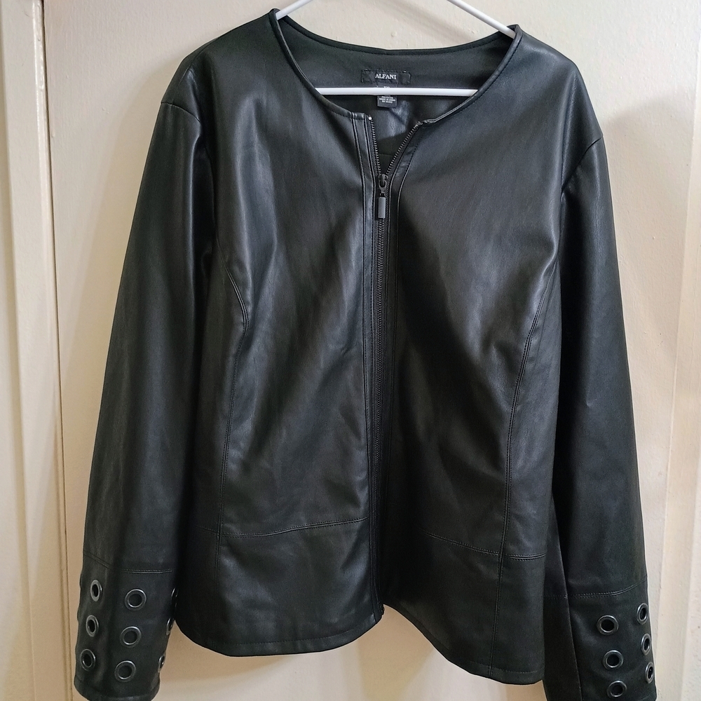 Alfani Black Non Leather Zip-Front Jacket with Grommet Cuff Detail